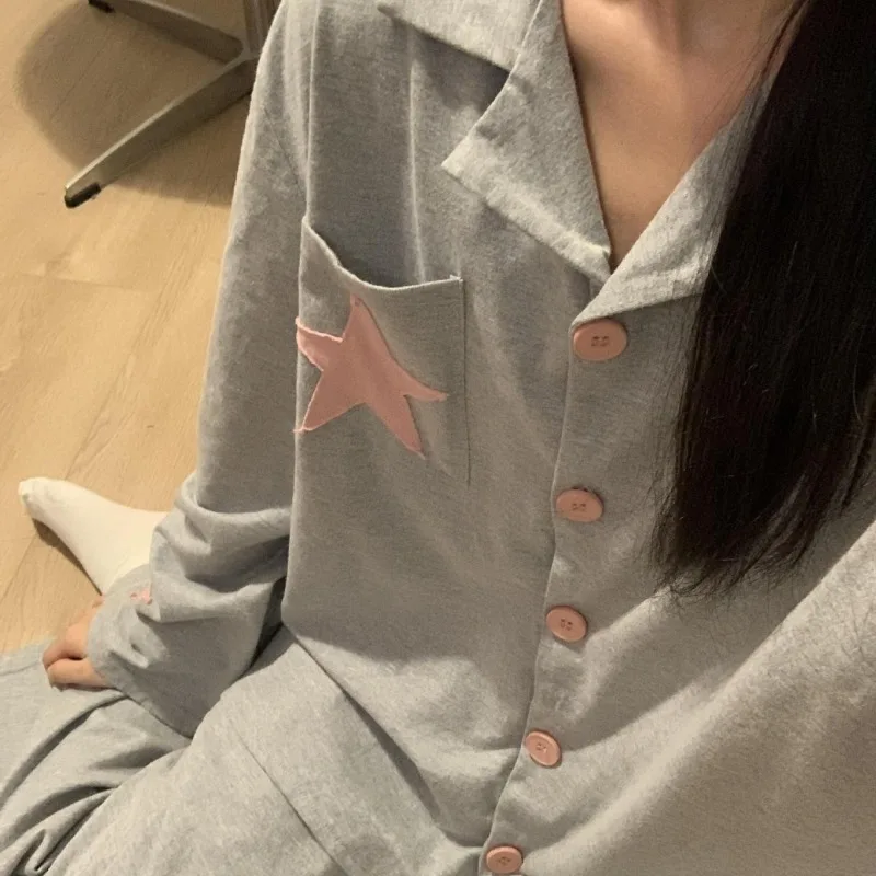 Star Sleepwear Women Pajama Sets Button Pants Sets for Women 2 Pieces Korean Night Wear Autumn Turn Down Collar Casual Home Suit