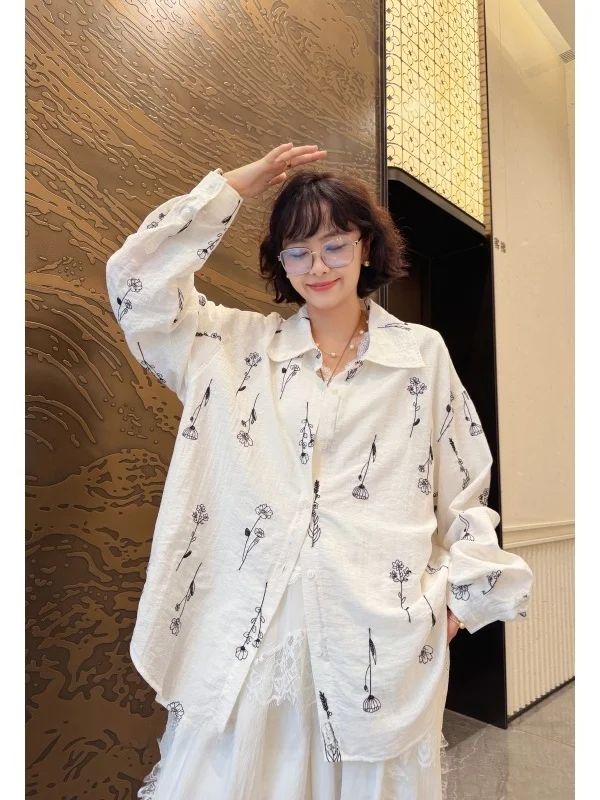 

Льняная вышитая блузка свободного кроя с длинным рукавом для женщин, большие размеры, модная повседневная одежда, весенний сезон, китайский бренд