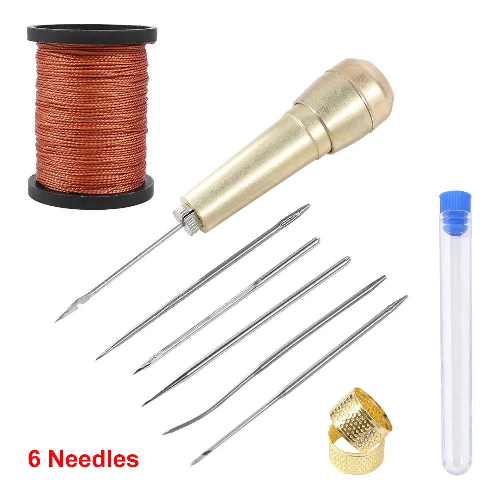 1Set Sewing Awl Needle Handmade Leather Sewing Tools with Copper Handle Nylon Thread Leather Sewing Tapered Needles