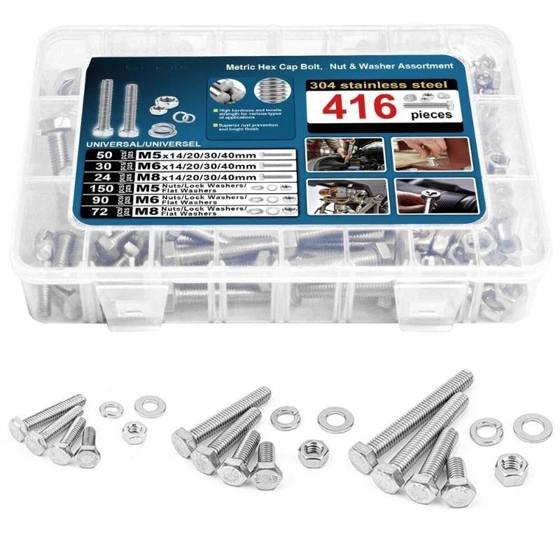 416pcs Hex Socket Screws Bolt Nuts Set Stainless Steel Hex Cap Bolt and Nut Washer Assortment Kit M5/M6/M8