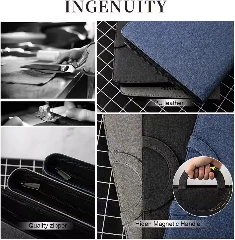 Leather A4 Conference Folder Multifunctional Business Stationery Contract File Organizer with Zipper And Card Holder