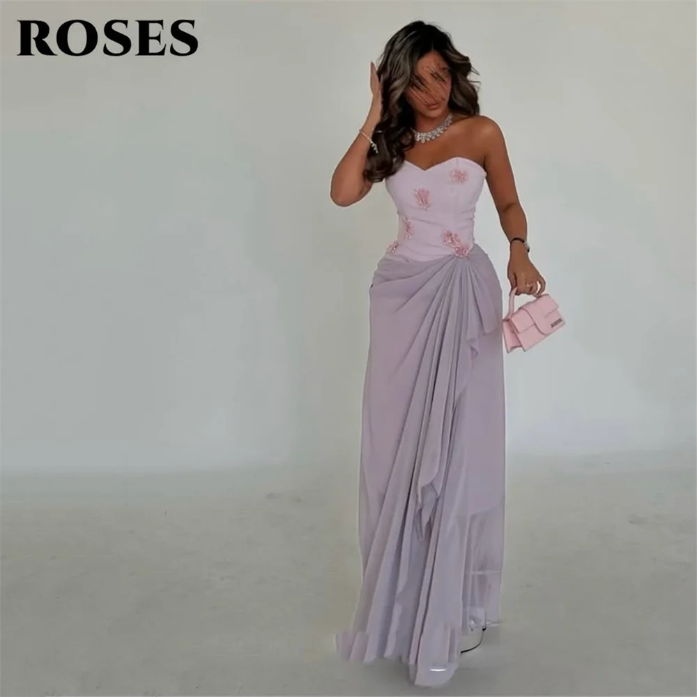 ROSES Light Purple Prom Dress Sweetheart Chiffon Party Dress with Floral Appliques and Ruched Detail Evening Dress Customized image 3