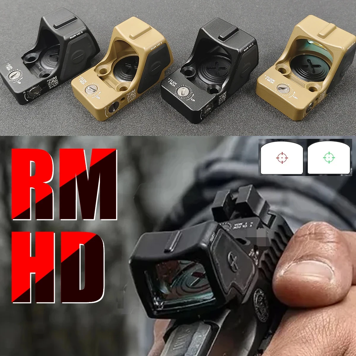 

RM-HD Red Green Dot Sight Reflex Scope High-definition Automatic Photosensitive Metal Sight Fit 20mm Rail Gk 17/19 Base Mount