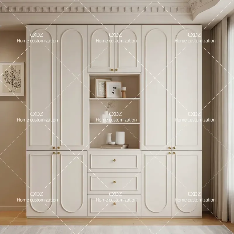 Oak Solid Wood Wardrobe Cabinet Custom Home Bedroom Cream Style Belt Open Grid Storage Closet