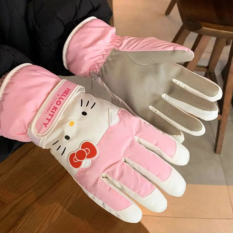 Hellokitty Pink Ski Gloves for Women Cute Velvet Thickened Waterproof and Warm for Riding