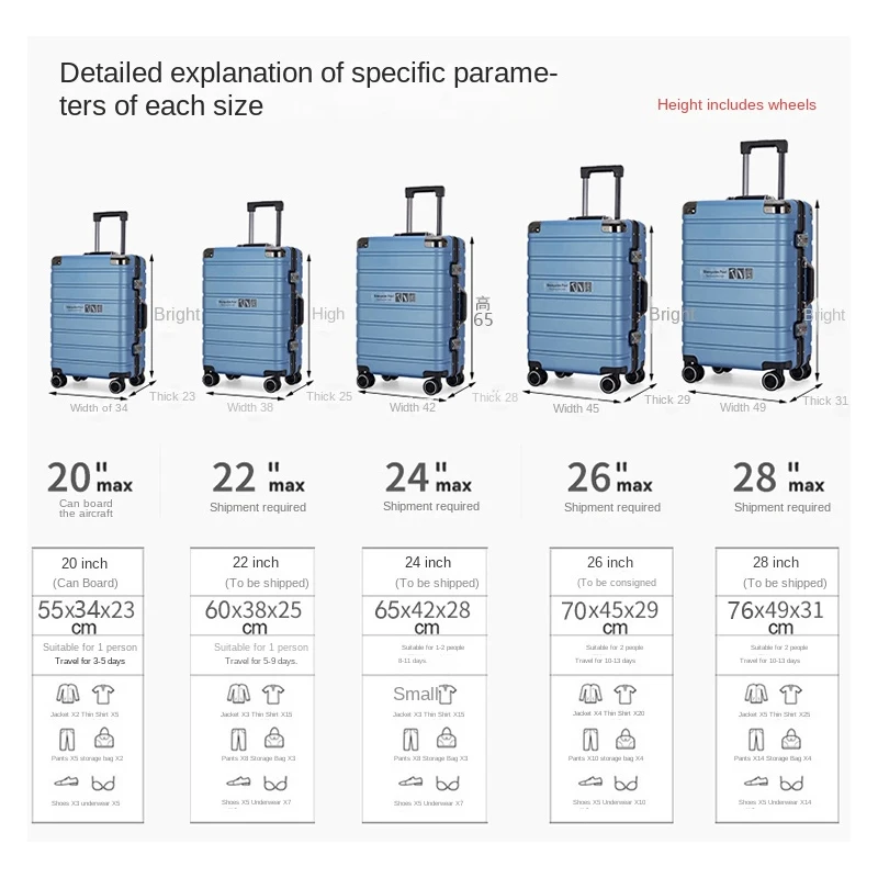 Maleta de varilla de tracción con marco de aluminio, portaequipajes de viaje de negocios de 28 pulgadas, ABS + PC, caja de carro, cerradura TSA, 20, 22, 26 pulgadas