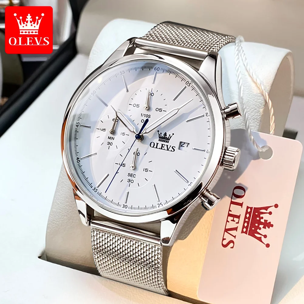 OLEVS 2881 Fashion Imported Quartz Movement Watch Chronograph Dial Calendar Window HD Luminous Milanese Steel Strap Watch