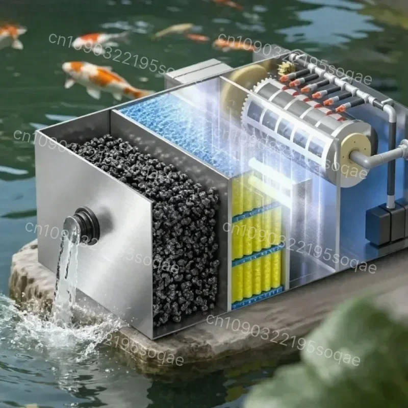 Automatic Rotary Drum Filter, Stainless Steel Koi Pond Filtration System, Complete Water Circulation Kit for Fish Tank