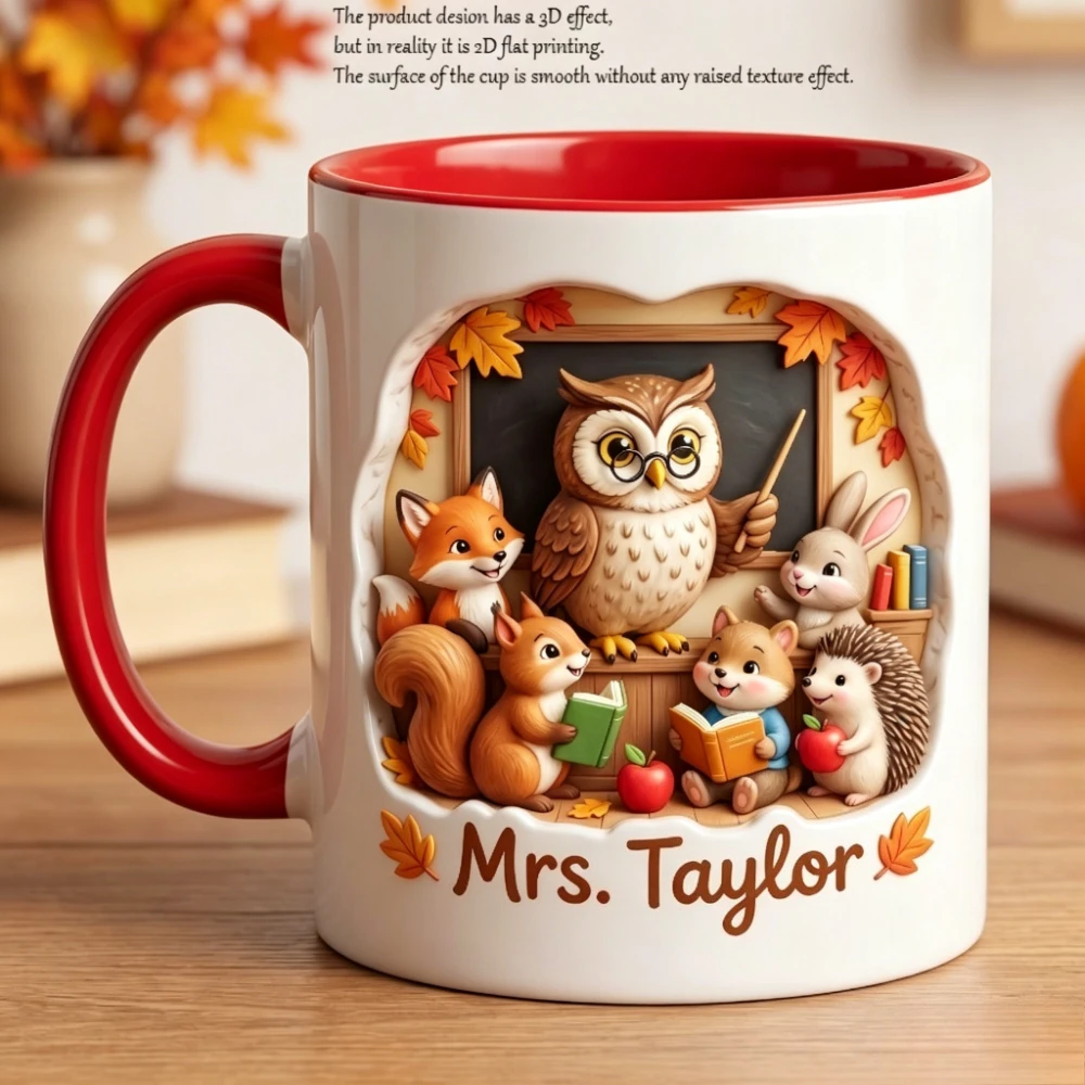 Personalized Teacher Owl Mug 11oz 2D Print Custom Name Ceramic Coffee Cup Gift for Educator Birthday Christmas