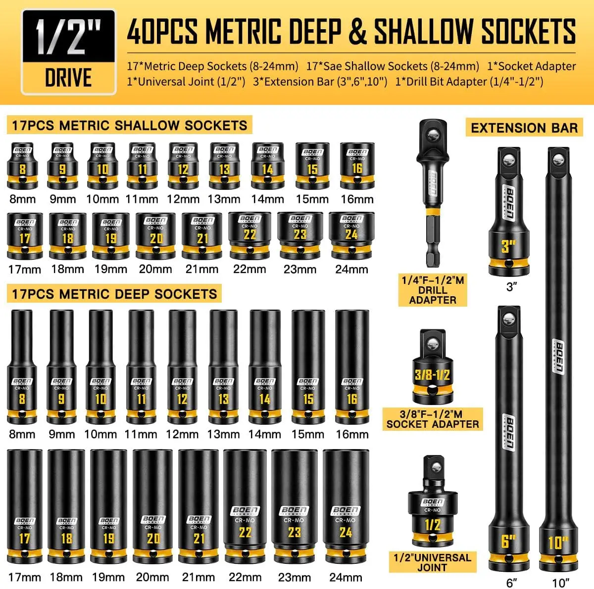 40 Pieces 1 2 Drive Impact Socket Set Metric 8 24mm Deep Shallow Socket 6 Point Design Yellow Embossed Marking CR MO Steel