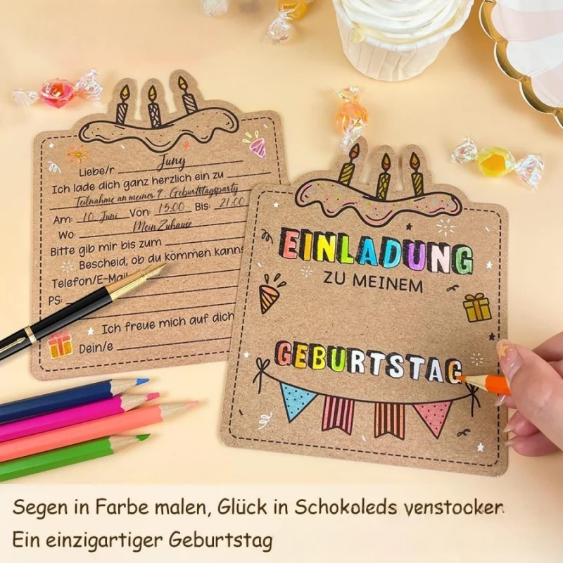 12 Stück/Packung deutsche Einladungskarten aus Kraftpapier, Vorlagen für Geburtstagskarten im Retro-Graffiti-Stil, zum Ausmalen, Kuchen-Stil, Party-Grußkarten