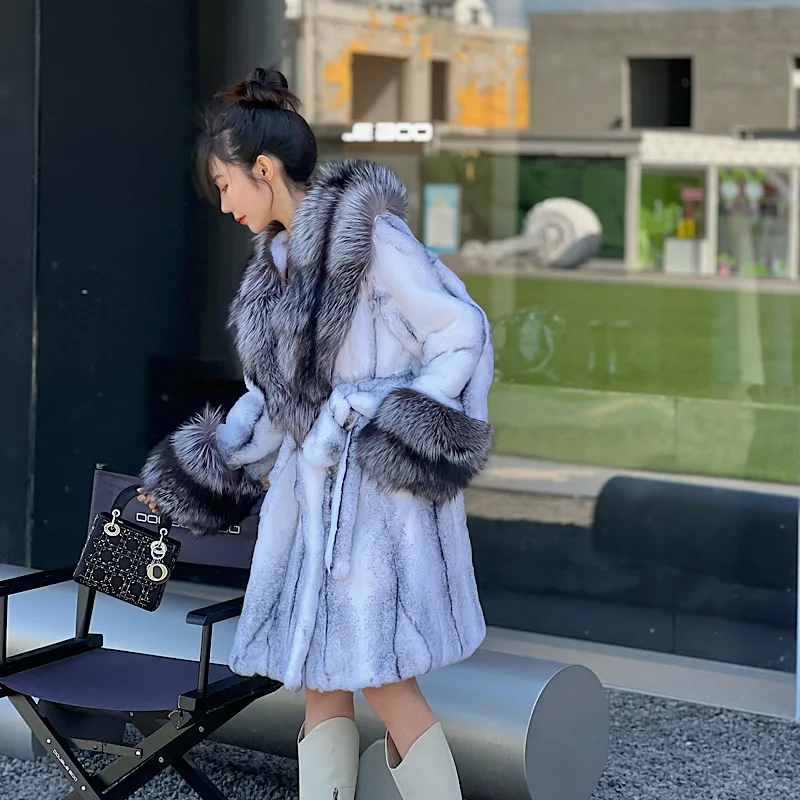 Winter Women Real Rabbit Fur Coat Long Natural Rabbit Fur Jacket