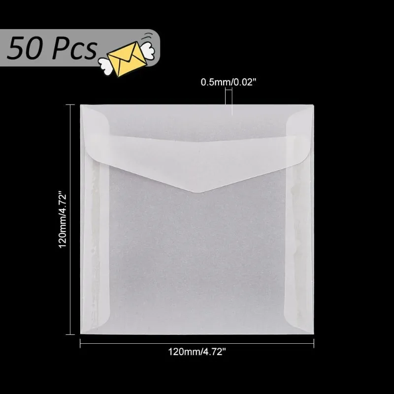 50pcs Glassine Envelopes 4.7x4.7\'\' White Translucent Paper Envelopes Vellum Square Clear Envelopes for Weddings Invitations