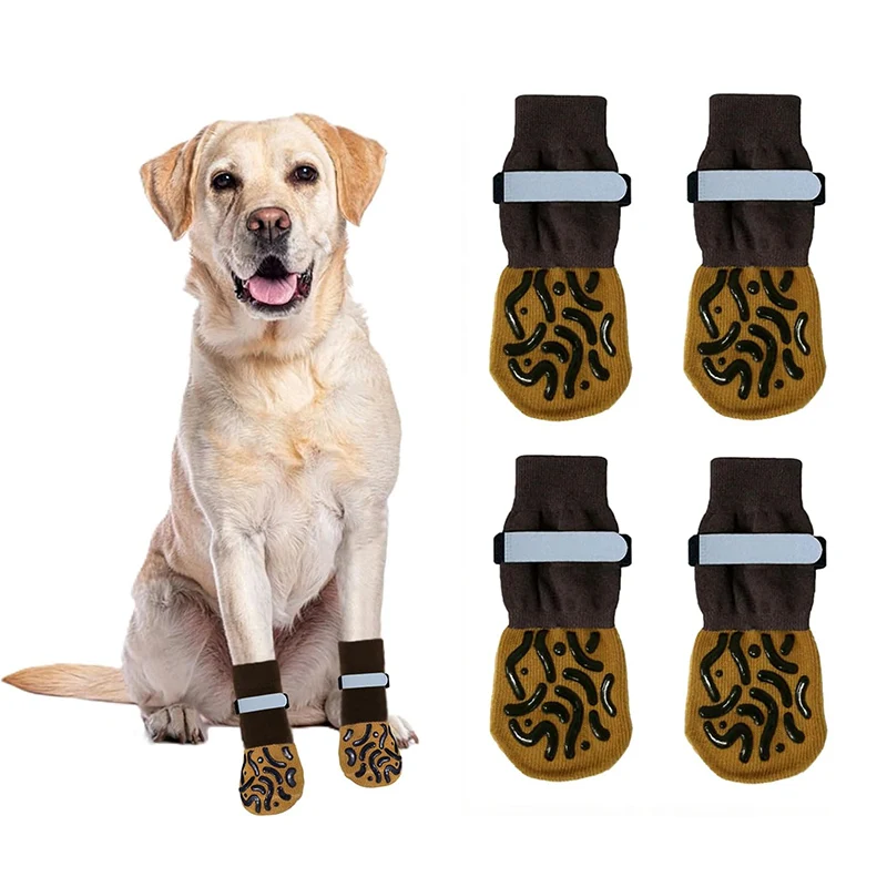 

4PCS Glow-in-The-Dark Dog Anti-Slip Socks - Brown Waterproof Dog Paw Protector for Small/Medium Dogs, Indoor & Outdoor