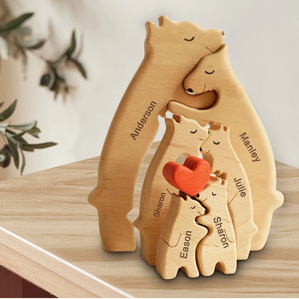 Free Engraving Name Puzzle Personalized Custom Bear Family Wooden DIY Sculpture Home Decor Figurines Christmas Birthday Gift