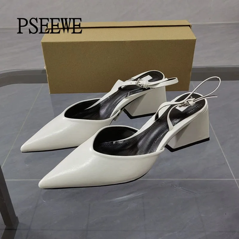 

PSEEWE 2024 New White Women Pumps Fashion Pointed Toes Heeled Shoes For Women Office Slingback Thick Heel Buckle Elegant Sandals