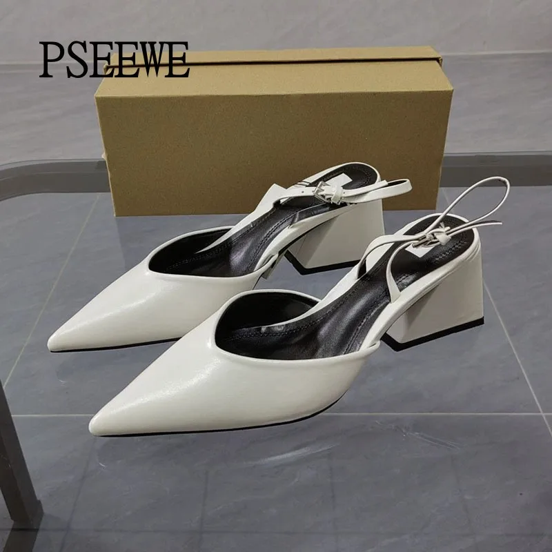 PSEEWE 2024 New White Women Pumps Fashion Pointed Toes Heeled Shoes For Women Office Slingback Thick Heel Buckle Elegant Sandals