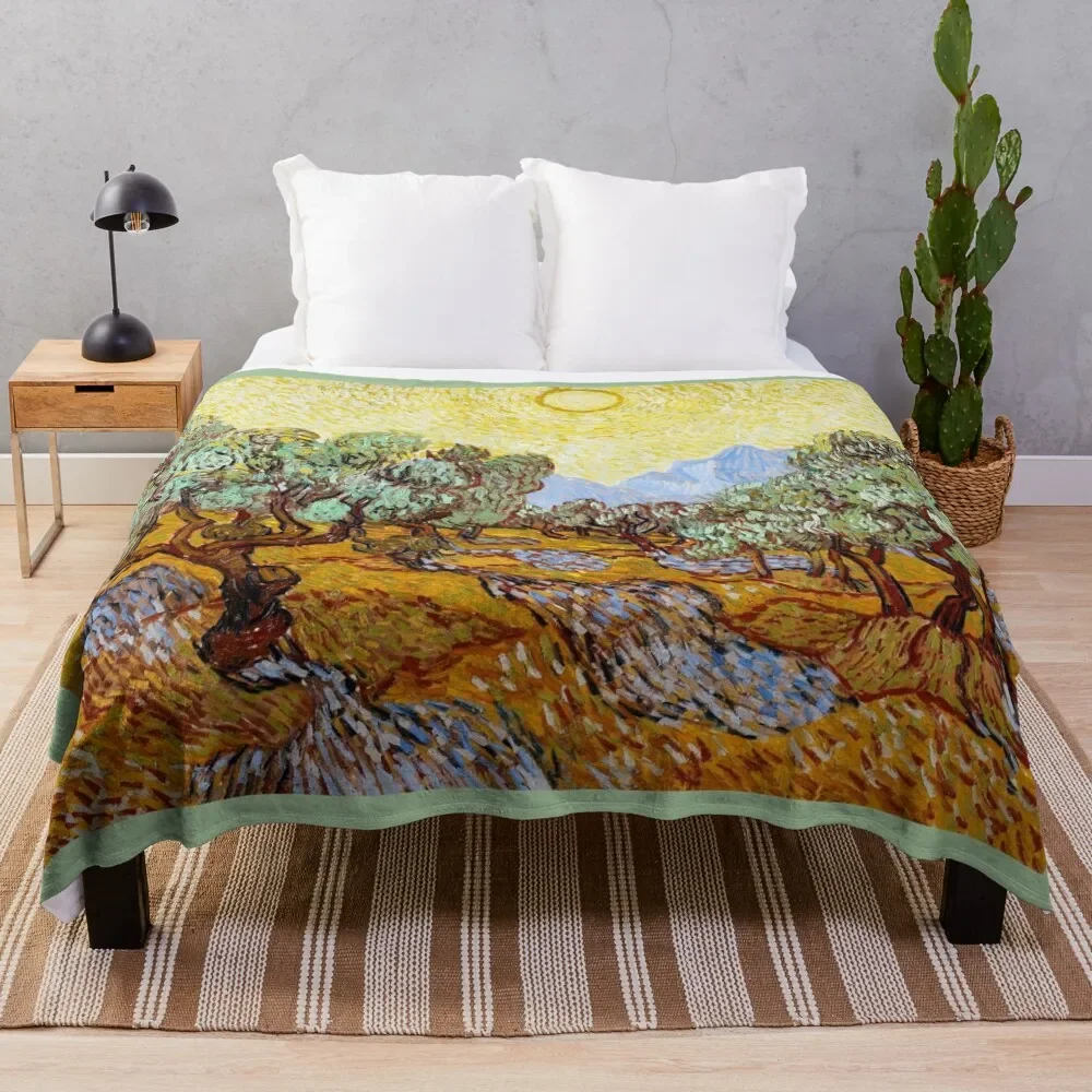 Van Gogh - Olive Trees with Yellow Sky and Sun Throw Blanket Thin Soft Blanket for Summer Night Sleeping