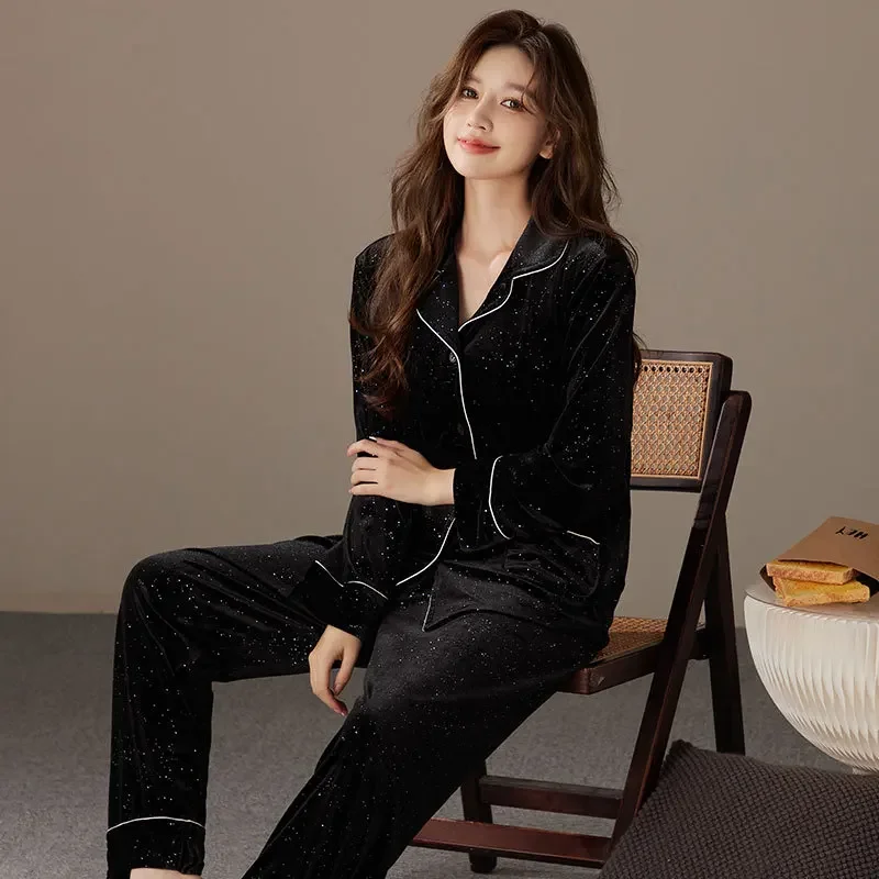 

MECHCITIZ 2 Pcs Velvet Women's Pajamas Set Autumn Winter Sleepwear Warm Pijama Home Suit Female Nightwear Pyjamas with Pants