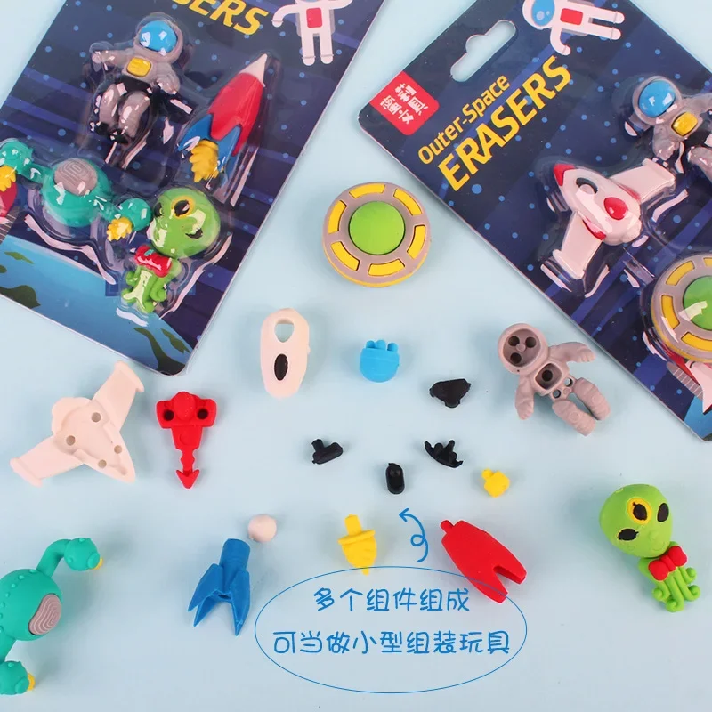 Random 4 Pcs Outer Space Eraser Set Non-PVC Mini Rocket Astronaut Alien Rubber Erasers for Pencil Kids Gift School Student