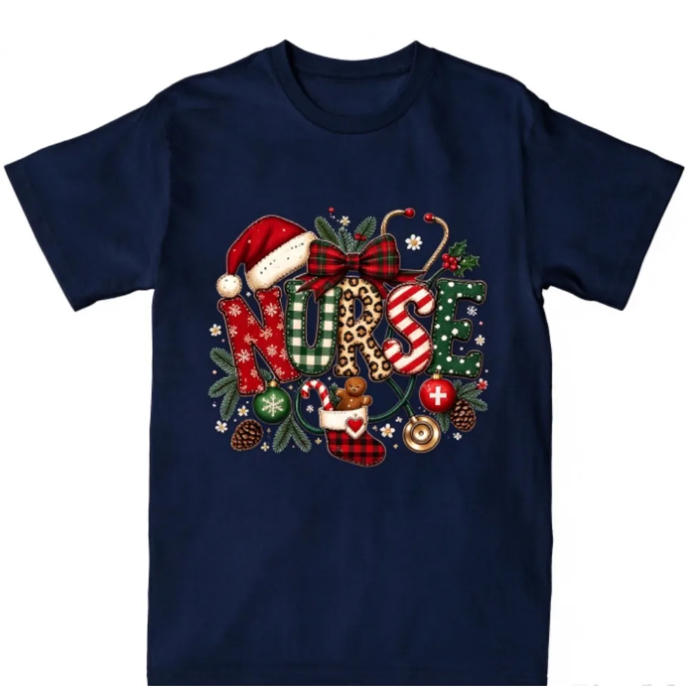 Women Christmas Nurse Graphic T-Shirt, Leopard Plaid NURSE Letter Stethoscope Gingerbread Man Crew Neck Short Sleeve