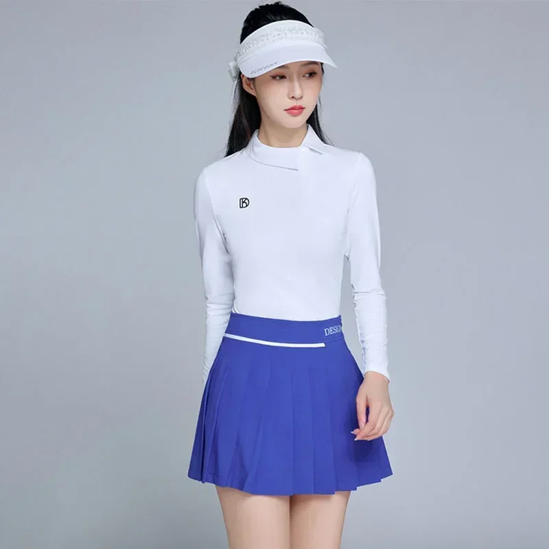 DK Women Anti-exposure Golf Short Skirt Slim Pleated Casual Skorts Ladies Long Sleeve T-shirt Button Polo Golf Shirt Elegant Set