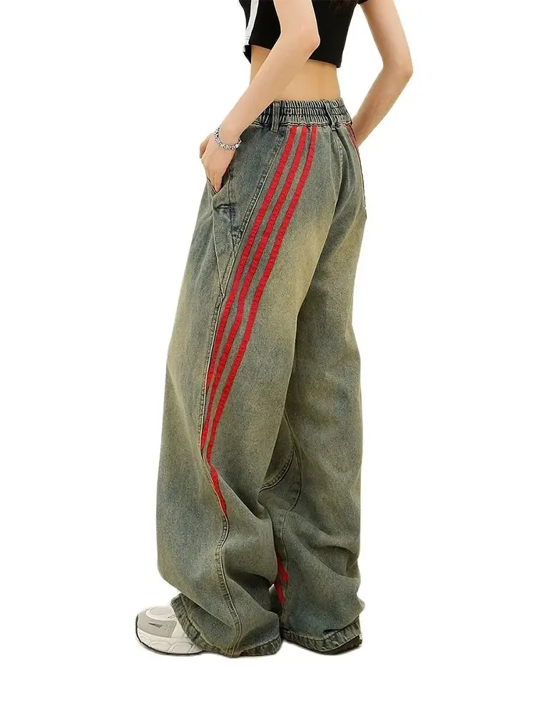 Kobiety Niebieskie dżinsy w paski Y2k Harajuku Baggy Denim Trousers Vintage Jeans Pants Estetyczny japoński styl 2000s Tandetne ubrania 2024