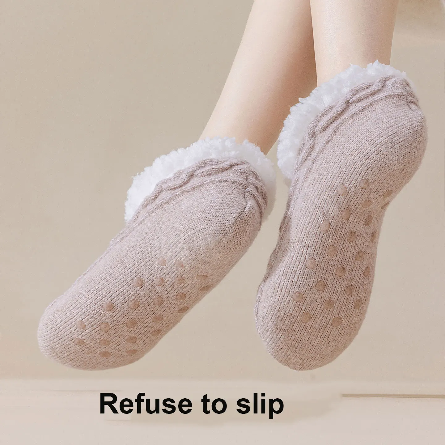 ถุงเท้าขนแกะสำหรับฤดูใบไม้ร่วงและฤดูหนาวสำหรับผู้หญิง ให้ความอบอุ่นด้วยขนแกะ กันลื่น และช่วยให้เท้าอุ่น ถุงเท้าสำหรับใส่ในบ้าน