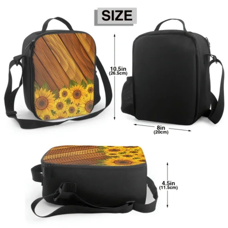 Sunflowers And Leaves On Wooden Board Insulating Thermal Lunch Bags Washable Tote Crossbody Lunch Container for School Travel