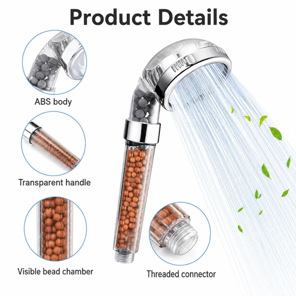 Filtered Shower Head Anti Limestone ABS High-Pressure Water Saving Handheld Clear Showerheads with Filter Beads for Bathroom