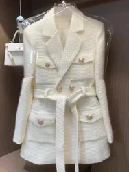 Small Fragrance Temperament High Sense Double-breasted Blazer Top 2024 Autumn and Winter New White Lace-up Suit Jacket Woman