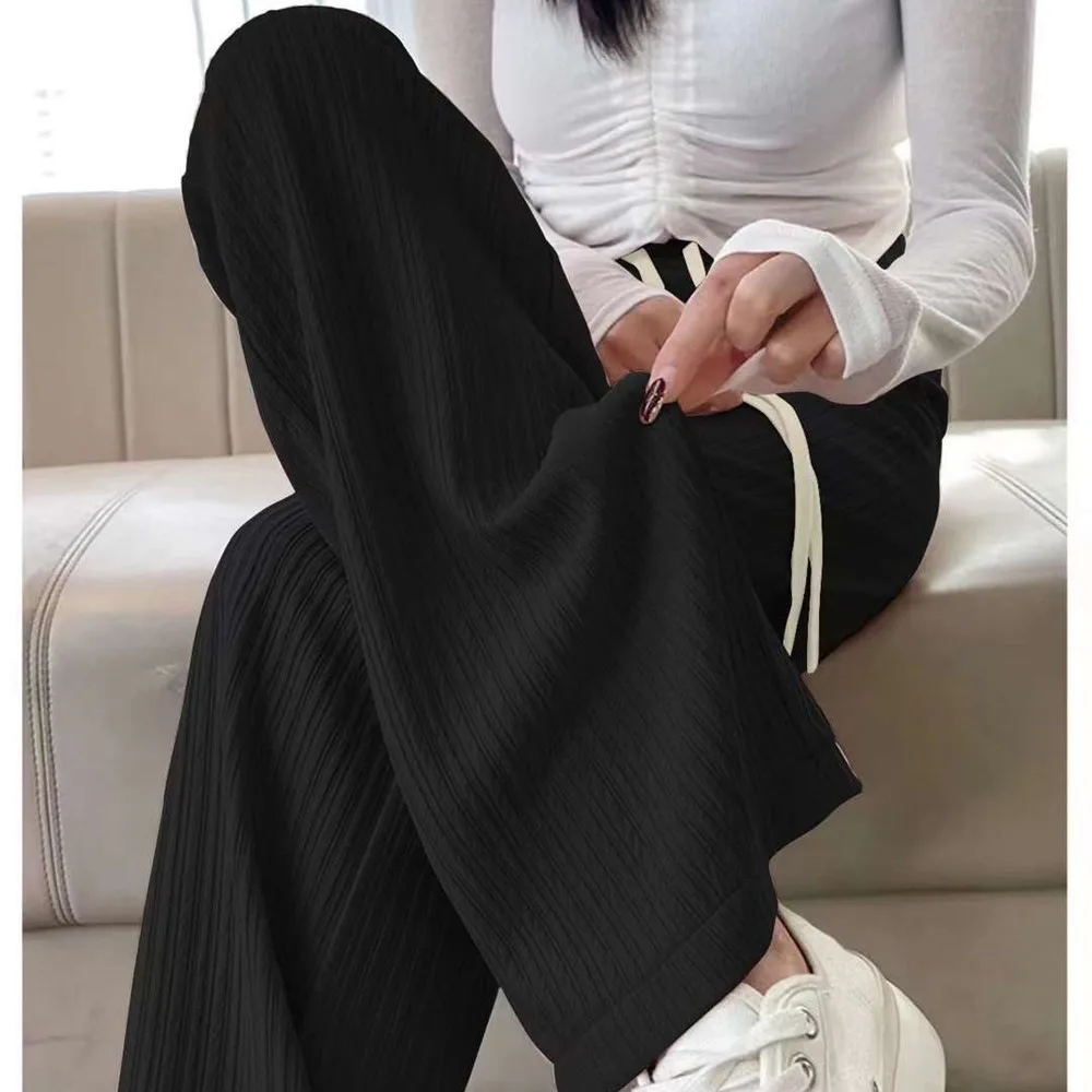 Crinkle Fabric Wide Leg Pants High Waisted Ultra Thin Straight Leg Trousers Drapey Elastic Waist Palazzo Pants Daily Outfits