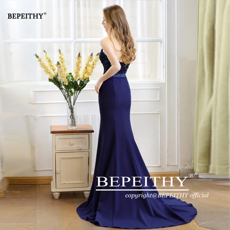 BEPEITHY Customized Strapless Sweetheart Mermaid Vestidos De Fiesta Sweep Train Lace Bodice Evening Dress Elegant Robe De Soiree