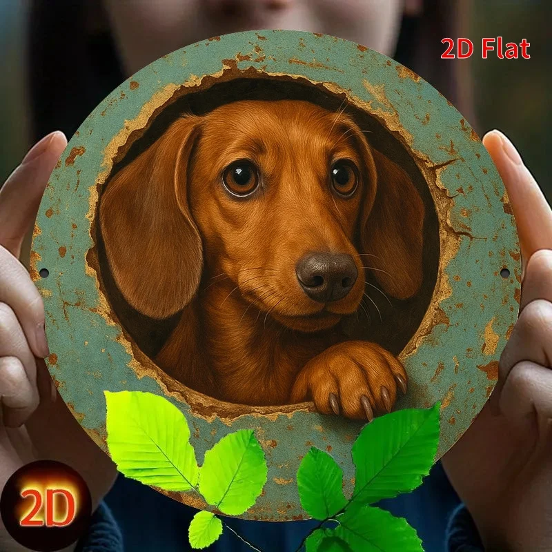 2D Flat, Vintage Dachshund Peeking from Hole Round Iron Sign - Rustic Wall Decor for Home, Garage, Garden, for Man Cave & Holida