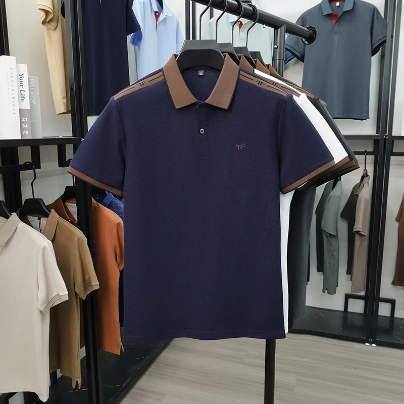 Luxuriöses Herren-Poloshirt mit Stickerei, Neues Einfarbiges Kurzarm-Shirt mit Kragen, 100% Baumwolle, Business-Casual Herrenbekleidung – Detail 9