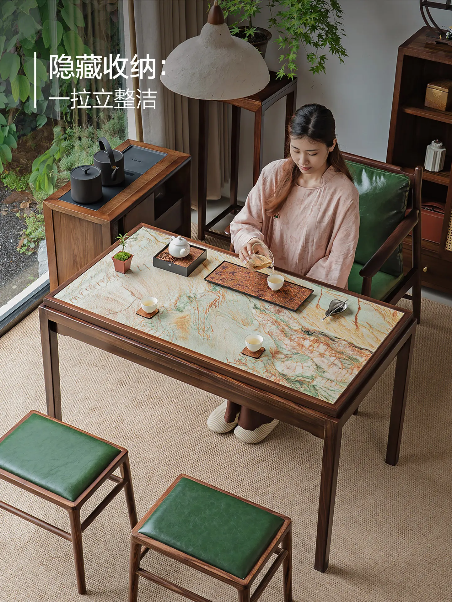 Balcony solid wood tea table, black gold wood tea table, mortise and tenon structure, home reception table and chair combination