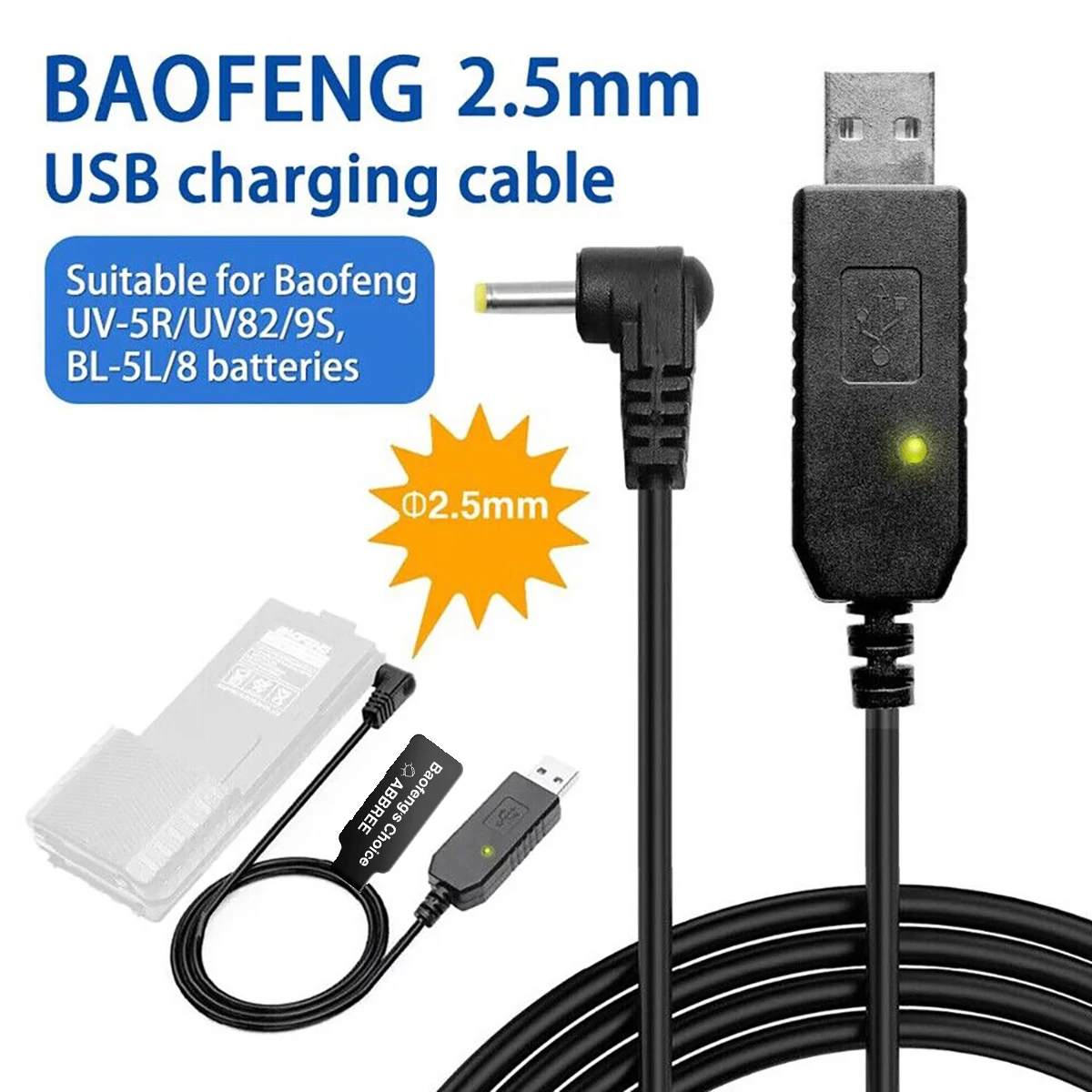 BaoFeng Walkie Talkie USB Battery Charger Cable Compatible with UV-5R UV-82 UV-S9 Plus AR-152 Walkie Talkie Ham Two Way Radio