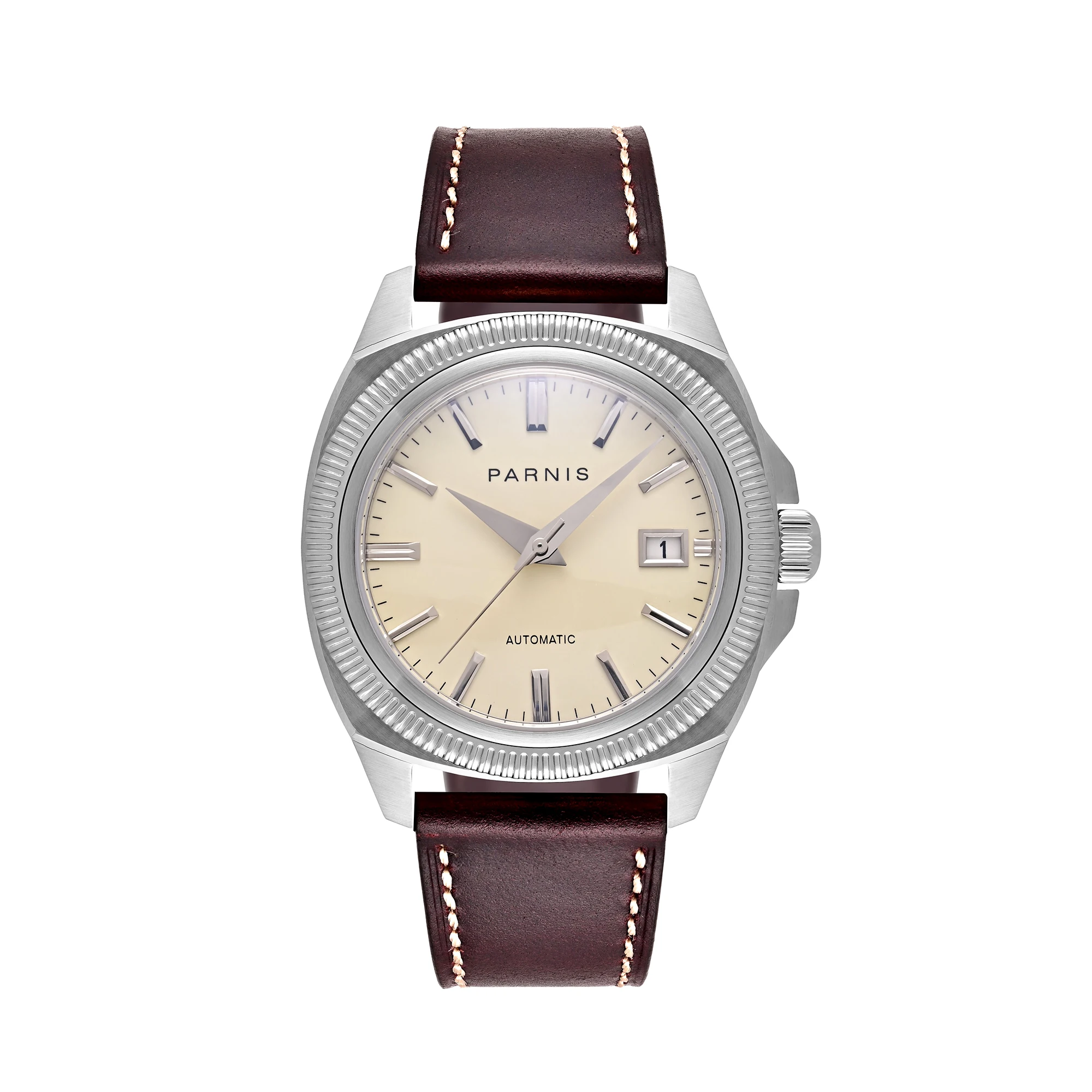 2026 Neue Luxus Parnis 41mm Silbernes Gehäuse Automatische Mechanische Herrenuhren Leder Kalender Saphirglas Wasserdichte Herrenuhr