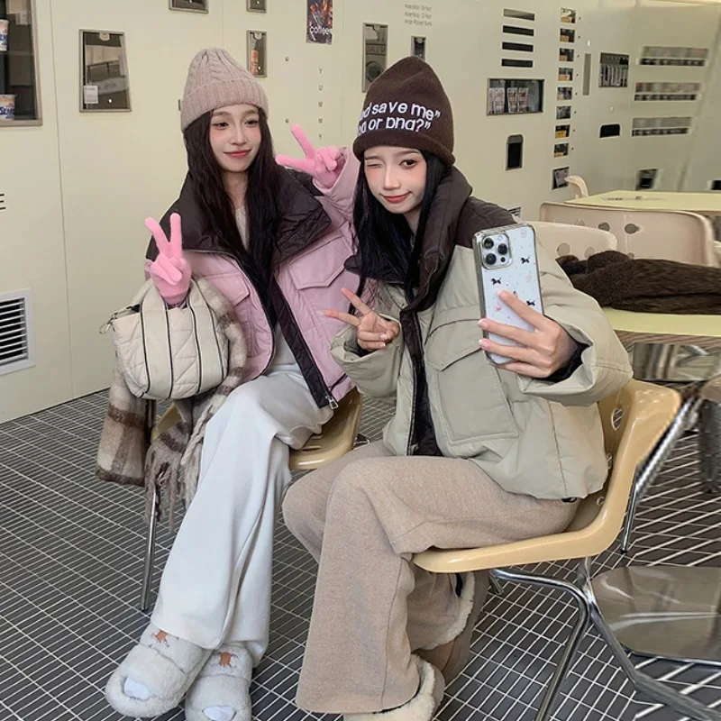 Sweet Patchwork Cropped Jacket Winter Warm Puffer Jacket Women Stand-up Collar Thick Windproof Loose High Waist Coat Streetwear