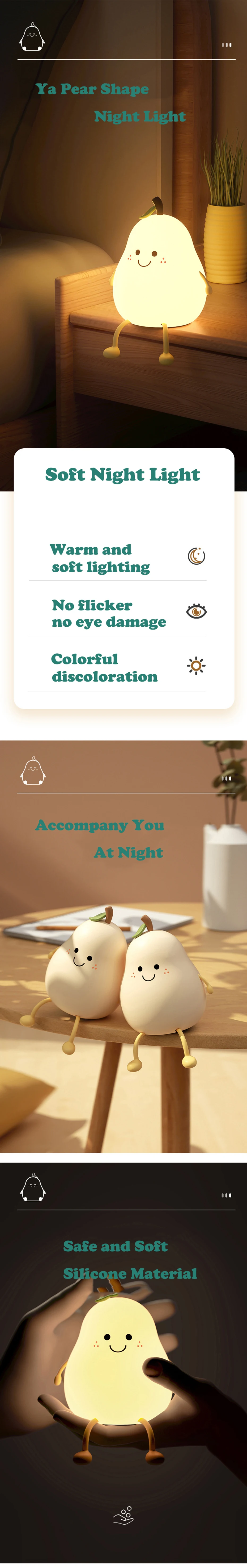 Rechargeable LED Cartoon Pear Nightlight, Silicone Light, Bedside Decor, Color Changing, Atmosphere Lamp for Kids, Holiday Gifts