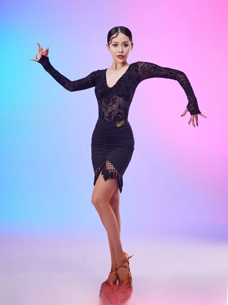 

High-End Latin Dance Outfit Women's Dancing Special Brand Dance Top Long Sve V-Ne Adult Suitable for Samba Rumba And More