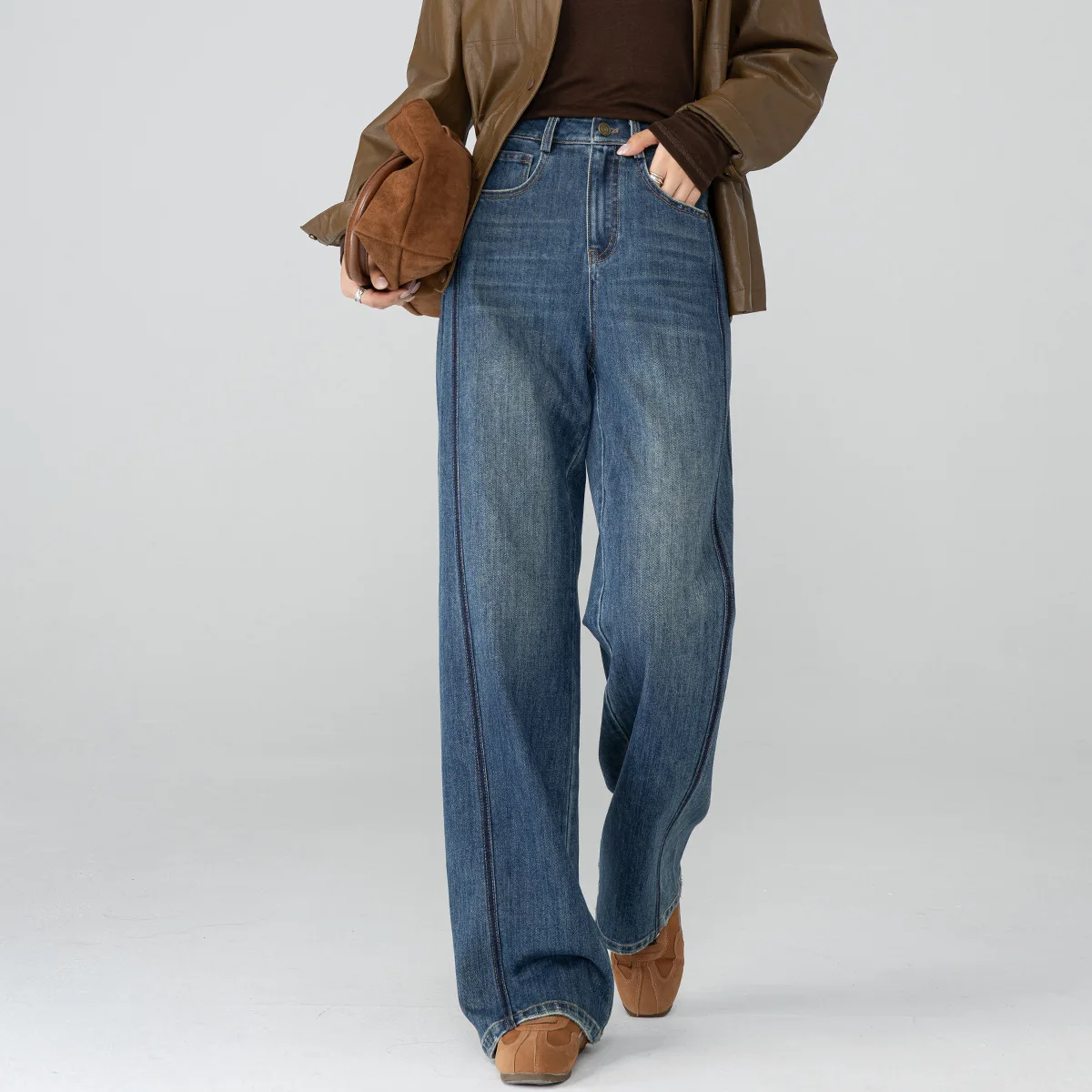 

High Waist Wide Leg Denim Jeans Women's Loose Fit Slimming Long Pants Retro Color Blo 3D Partitioning Autumn New Sle