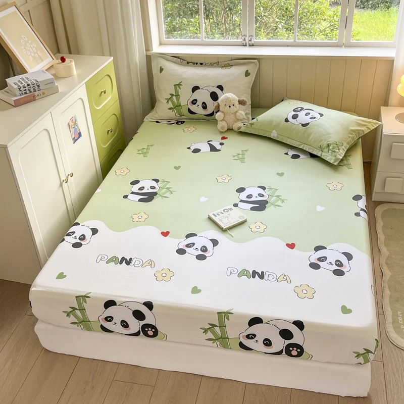 Kawaii Cartoon Panda Fitted Sheet,Bamboo Floral Wild Animals Bed Sheet Set Cotton Bed Cover with Deep Pocket for Child Kids Room