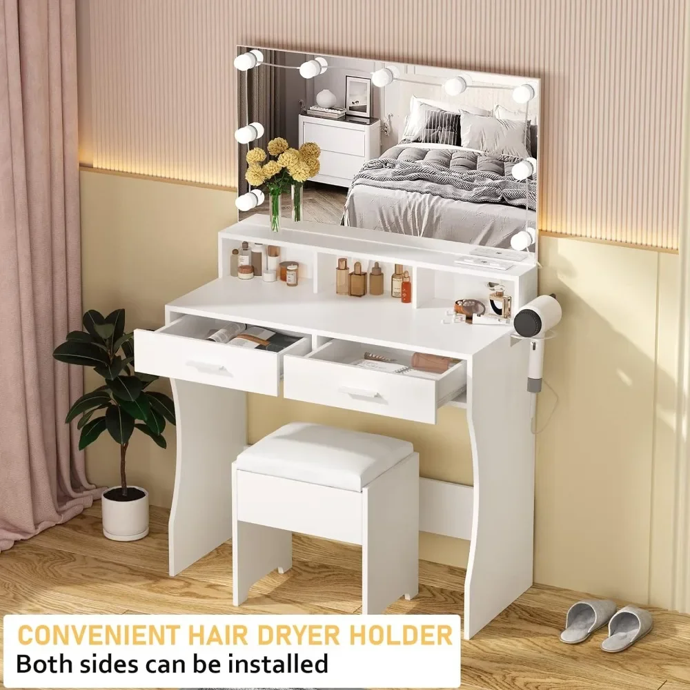 Makeup and Dressing Table with Illuminated Mirror and Power Socket, White with 3 Lighting Colors, Adjustable Brightness