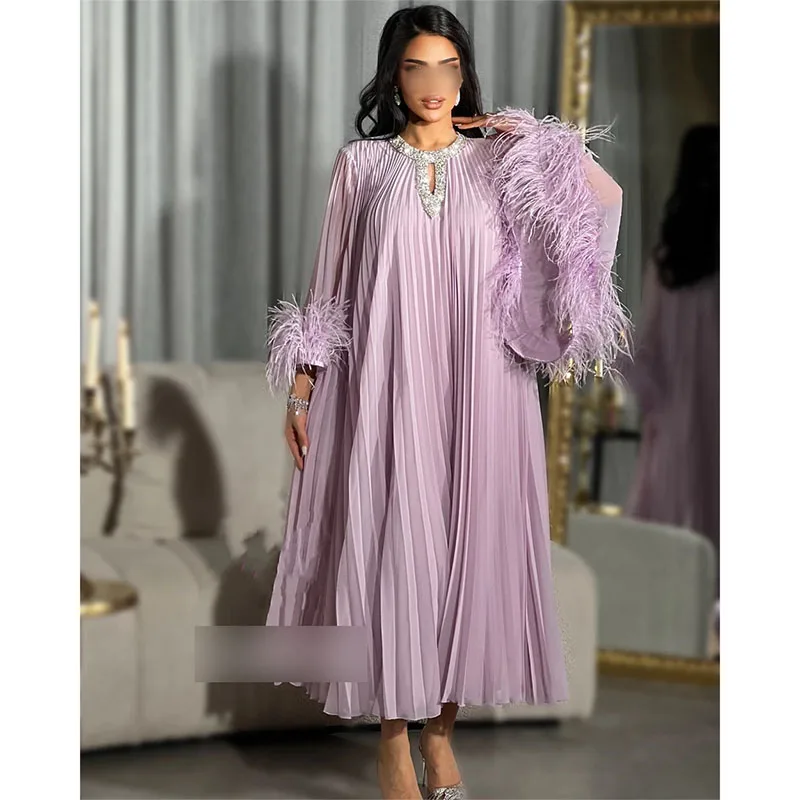 

Elegant Saudi Arabia Prom Dress A-line O-Neck Beading Evening Dress Long Sleeve Feather Draped Customize Occasion Ankle-Length