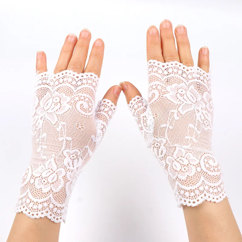 Gloves Women Lace Half Finger Spring Summer Thin UV Blocking Stretchy Versatile Breathable Open Finger Dance Party Daily Soft