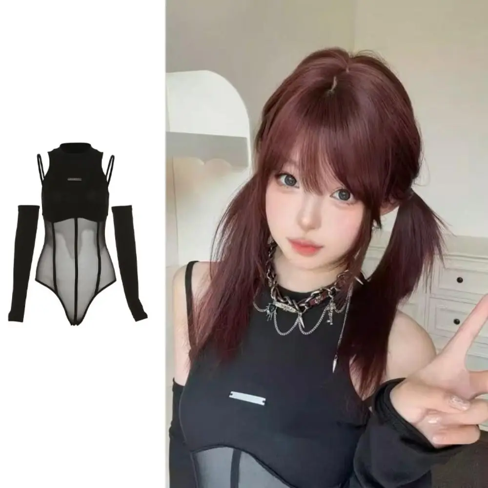 with Arm Sleeves Lace Slim Bodysuit Skinny Crop Top Translucent Bodysuit Wrap Round Solid Neck Neck Tee Cold Shoulder Top Women