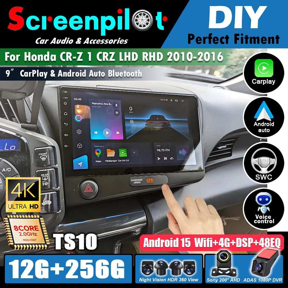 Android 16For Honda CR-Z 1 CRZ LHD RHD 2010 - 2016 Car Radio Multimedia 5G Wireless Carplay Touch Screen GPS Navigation Stereo