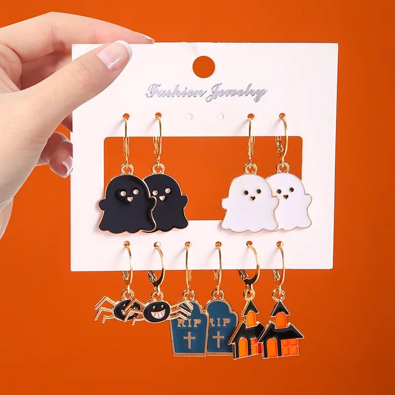 European chic accessories Halloween series pumpkin ghost earrings cartoon funny eyes spider stud earrings set view 2
