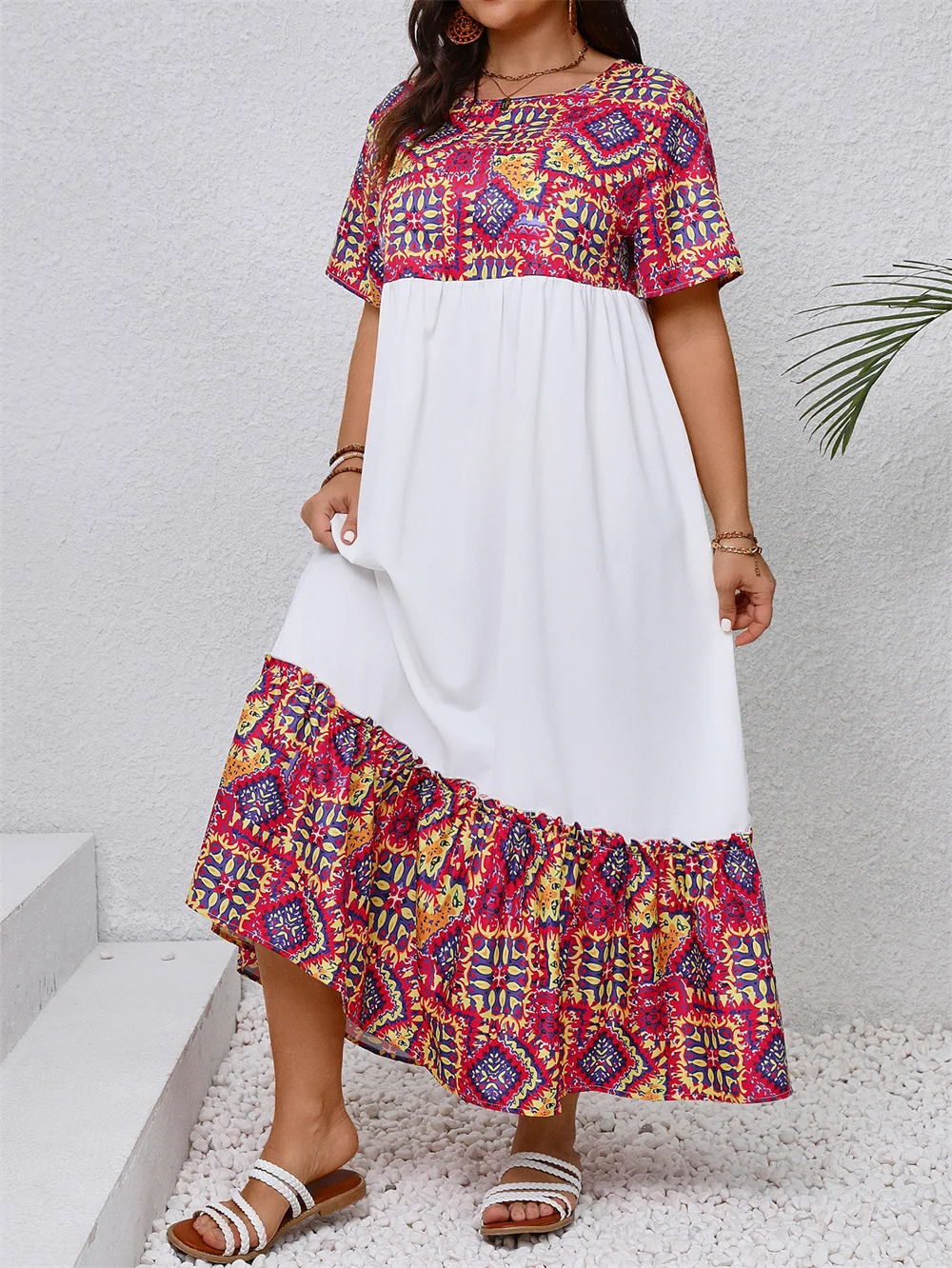 GIBSIE Plus Size Vacation Bohemian Style Long Dress Women Summer Loose O-Neck Short Sleeve Beach A-line Big Swing Maxi Dresses